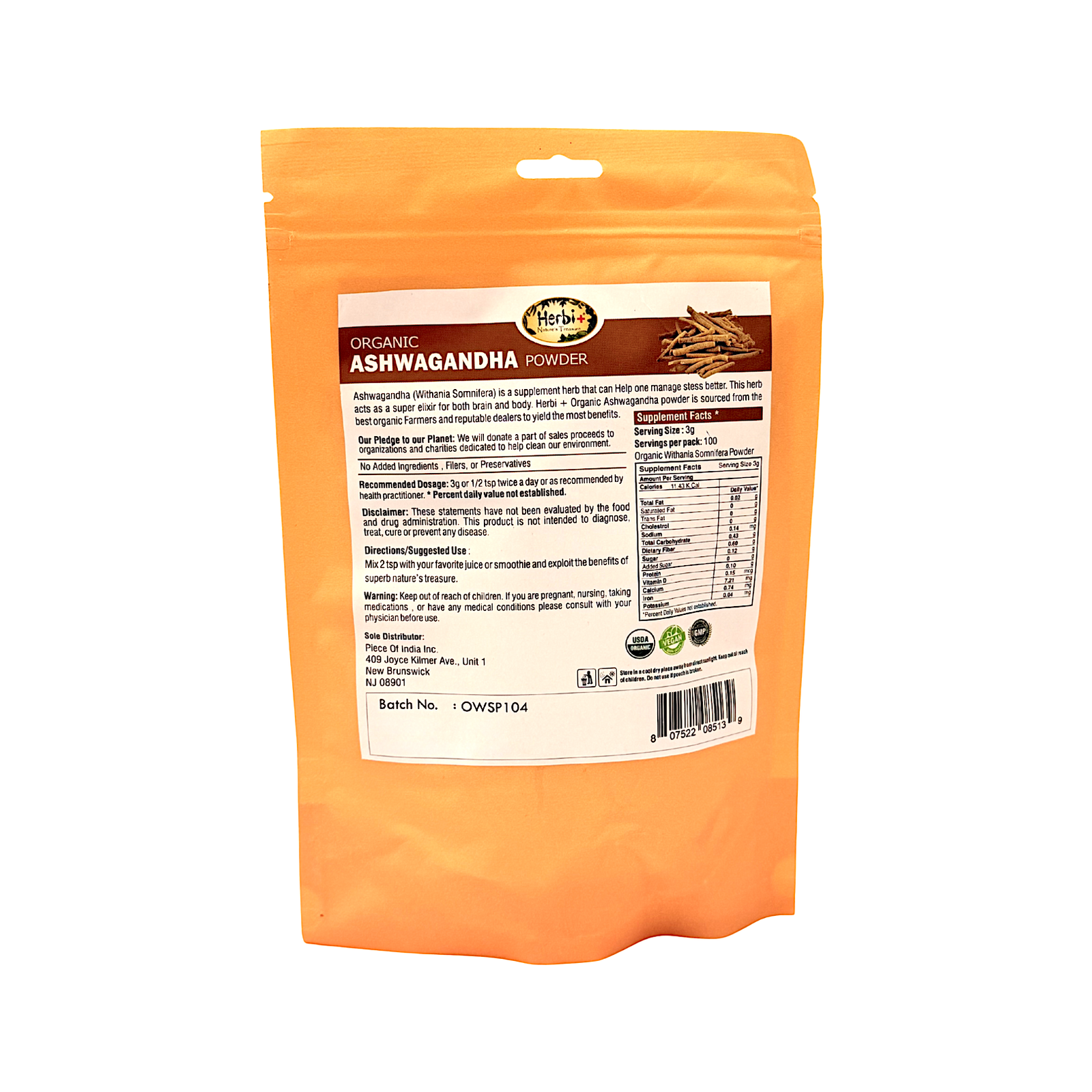 Herbi Plus Organic Ashwagandha Powder 7 oz Anti Stress - view 2
